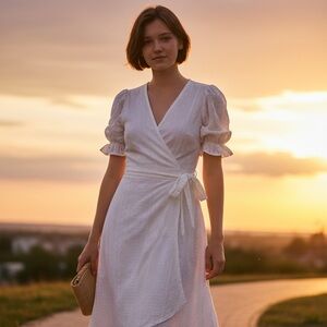 BCBG Generation White Eyelet Wrap Dress Puff Sleeve Tie Waist Size M NWT